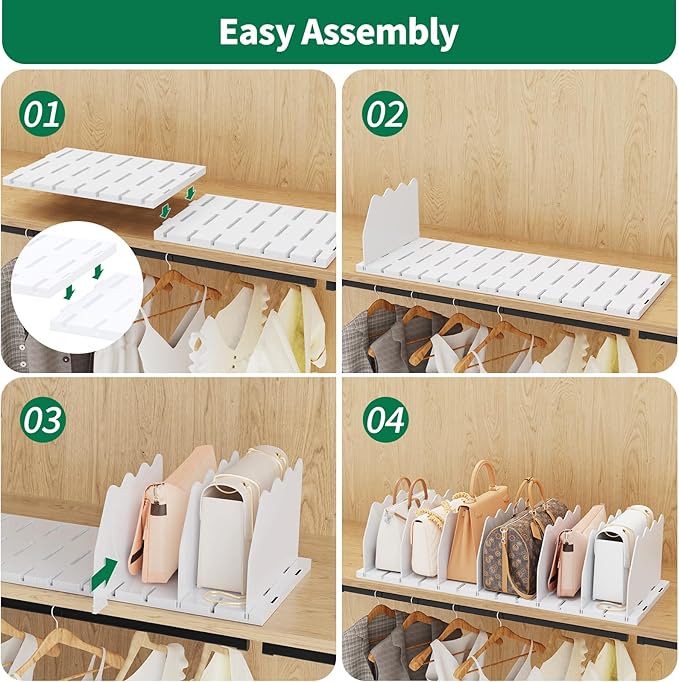 SPACEKEEPER Shelf Divider for Closet, Adjustable Purse Organizers Handbag Separators Storage Organizer Bookshelf Separator Dividers in Bedroom Office Kitchen Bathroom, White