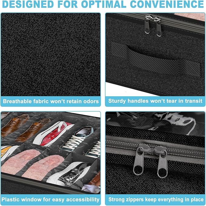 Under Bed Shoe Storage Organizer for Closet, Fits 32 Pairs Underbed Shoes Box Storage Containers Under the Bed Storage Foldable with Sturdy Handles&Clear Window for College Dorms Black, Set of 2