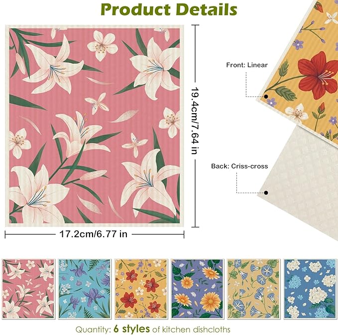 6 Packs Swedish Paper Cloths for Kitchen, Reusable Paper Towels Washable Dish Rags, Highly Absorbent Kitchen Towels Quick Drying Swedish Sponge Cleaning Dish Cloths (Lily Floral)