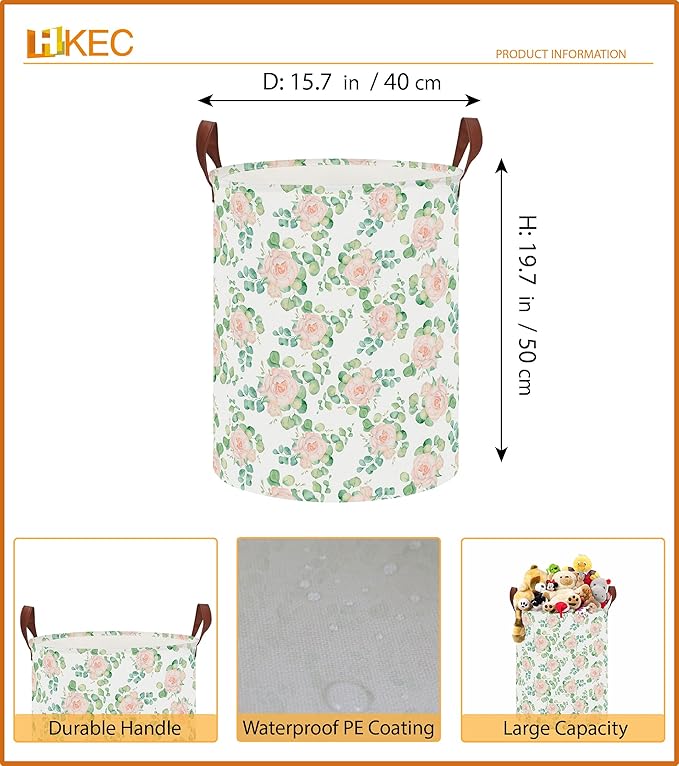 19.7" Laundry Basket,Kids Dirty Clothes Hamper,Waterproof Toys Storage Bin,Room Decor,Gift Baskets,Nursery Hamper(Watercolor Rose)