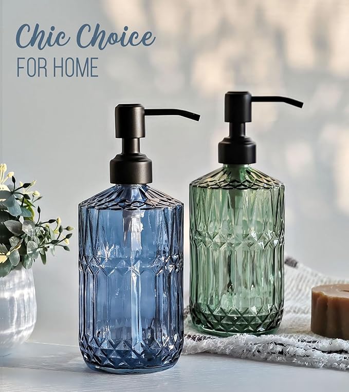JASAI 18Oz Blue Soap Dispenser with Black Rust Proof Pump, Refillable Bathroom soap Dispenser with Thick Glass, Kitchen Soap Dispenser for Hand soap & Dish Soap.(Blue)