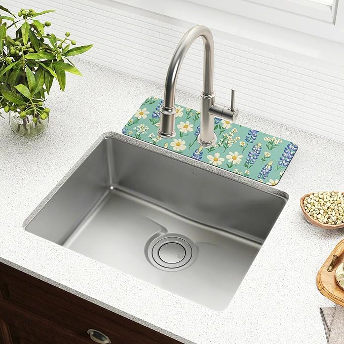 Kitchen Sink Splash Guard 1 PC 14.7 Inch Sink Faucet Mat Splash Guard for Bathroom Countertop Water Absorbent Foldable Cuttable Soft Washable Cute Green Bluebonnet and Daisies