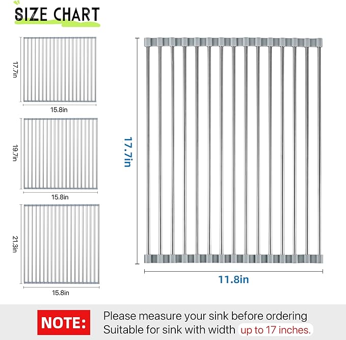 Roll Up Dish Drying Rack, 17.7" x 11.8" Over The Sink Dish Drying Rack, Kitchen Dish Rack Foldable Dish Drainer, Stainless Steel Dish Drying Rack for Kitchen Sink Counter Storage (Grey)