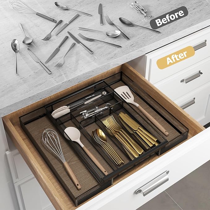 Silverware Organizer Metal Mesh, Large Drawer Organizer, Utensil Cutlery Tray for kitchen drawers, Expandable Flatware Organizer with 8 Compartment Black 11.6"~20" x 17.3"