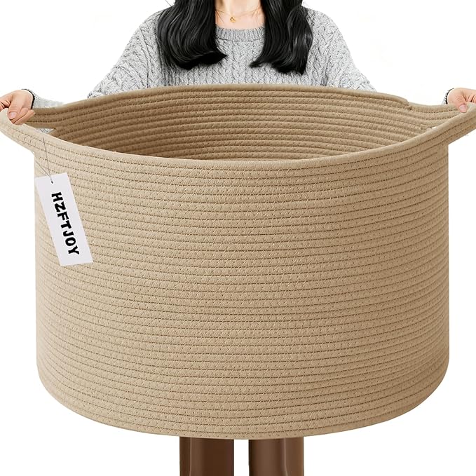 65L Large Blanket Basket,19.7" L x 19.7" W x 13" H Rope Woven Baskets with Handles, Toys Storage Bins,Laundry Basket Perfect for Living Room, Nursery,Bedroom,Home Organization,Camel