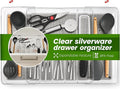 Masirs Expandable Utensil Drawer Organizer - BPA-Free Plastic Clear Silverware Tray with Multiple Compartments - Non-Slip Cutlery Storage for Kitchen, Bathroom, or Office Drawers (Grey)