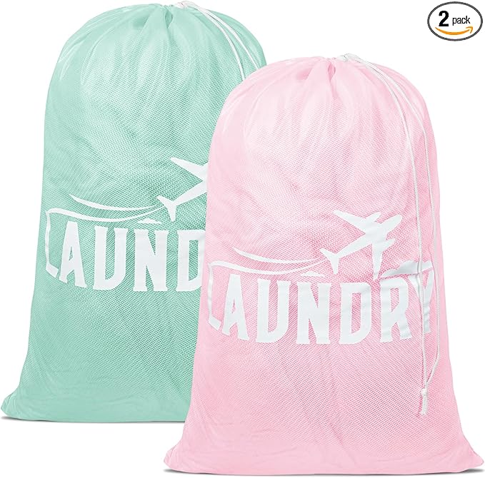 2 Pack Large Mesh Laundry Bag, Heavy Duty Laundry Bags with Drawstring, Laundry Hamper Liner, Machine Washable, for Travel, Storage, Sports, Dorms and Apartment Dwellers, 24 x 36 Inches (Pink+Green)