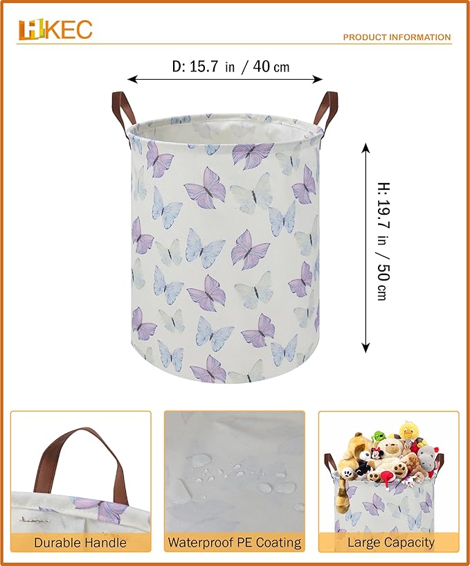 19.7" Butterfly Laundry Basket,Kids Dirty Clothes Hamper,Waterproof Toys Storage Bin,Room Decor,Gift Baskets,Baby Nursery Hamper(Blue & Purple Butterfly)