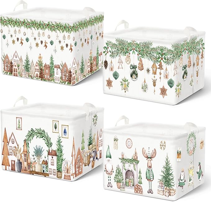 4 Pack Christmas Storage Bin Collapsible Large Christmas Storage Baskets for Gifts Xmas Tree Canvas Laundry Basket Foldable Box with Handle for Office Home Bedroom Clothes Toys Holiday Decor