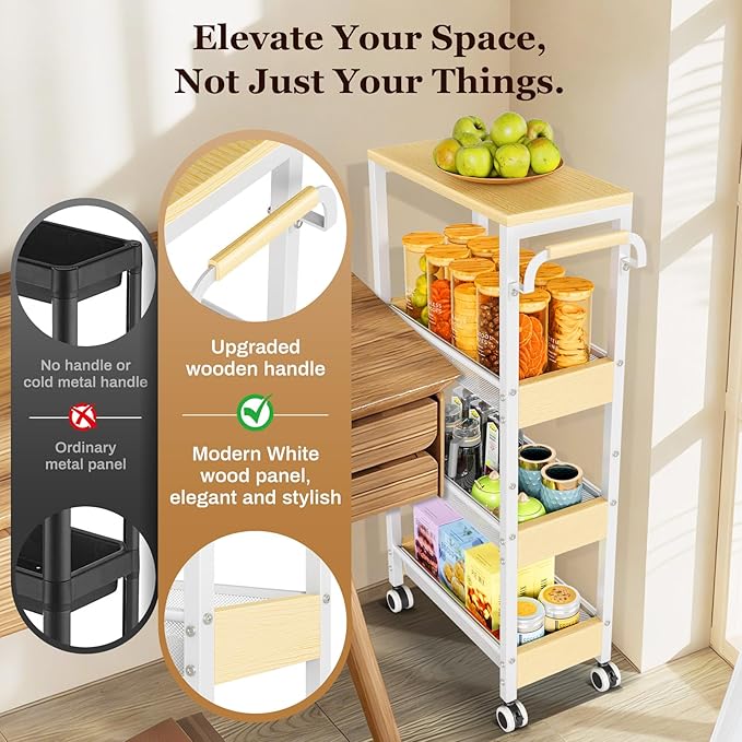 Utility 4 Tier Rolling Cart for Small Spaces, Slim Storage Cart with Wheels, Metal Narrow Kitchen Rolling Storage Cart with Wood Top& Handle for Laundry Room, White Thin Rolling Cart 7.9"(W)