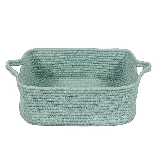 Woven Cotton Rope Storage Basket with Handles for Organizing Shelves Closet Small Cat Dog Pet Toy Baskets Box Bin Decorative Rectangle Baby Nursery Basket Gift Basket Empty (Light Green)