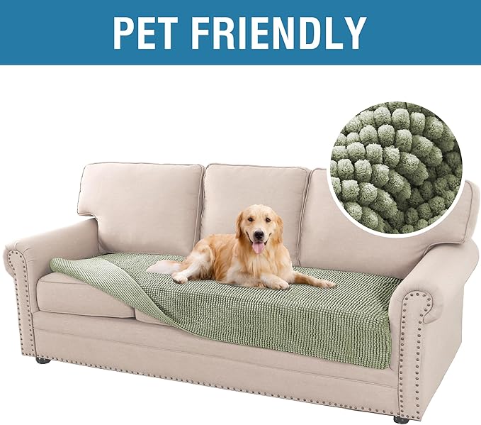 H.VERSAILTEX Plush Chenille Dog Bed Cover Thick Soft Sofa Cover for 3 Cushion Couch Anti Slip Couch Cover Furniture Protector for Dog, Pet, Cat (35" x 82", Sage)