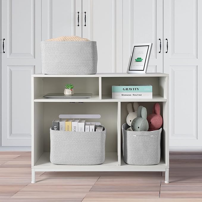 Cotton Rope storage Basket Bins Woven Basket for Organizing Shelves 15X10X9.3“ Rectangle Decorative Baskets For storage Clothes Toys Books Towels Square Wicker Nursery basket organizer 3 pack grey