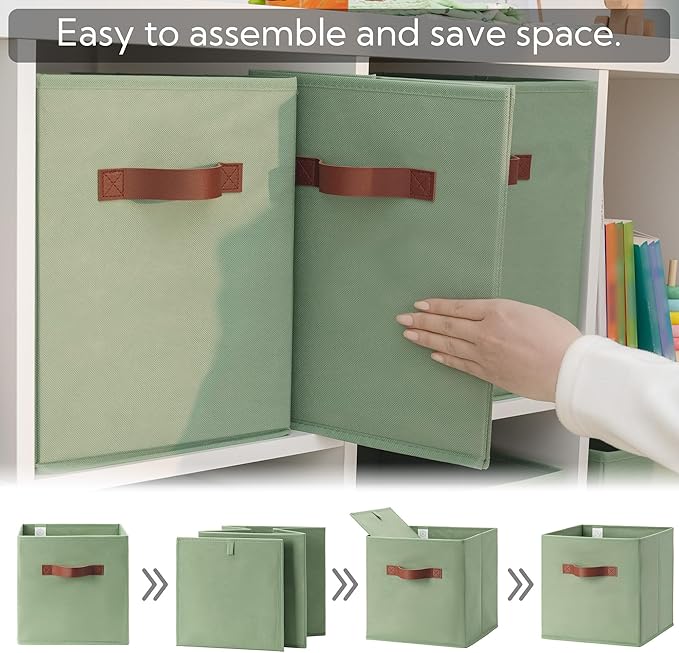 GRANNY SAYS 13 Inch Storage Cubes Organizer, Decorative Cube Storage Bins, Fabric Storage Bins with PU Handles, Collapsible Cubes Bins, Storage Cubes for Shelves, Closet, Green, 6-Pack