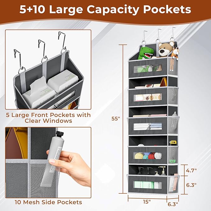 2 Packs 5-Tier Over the Door Organizer with 10 Side Mesh Pockets, 48 lbs Load Capacity, 3 Hooks Design, Hanging Storage Organizer with Clear Windows for Bathroom, Bedroom, Nursery, Kitchen-Grey