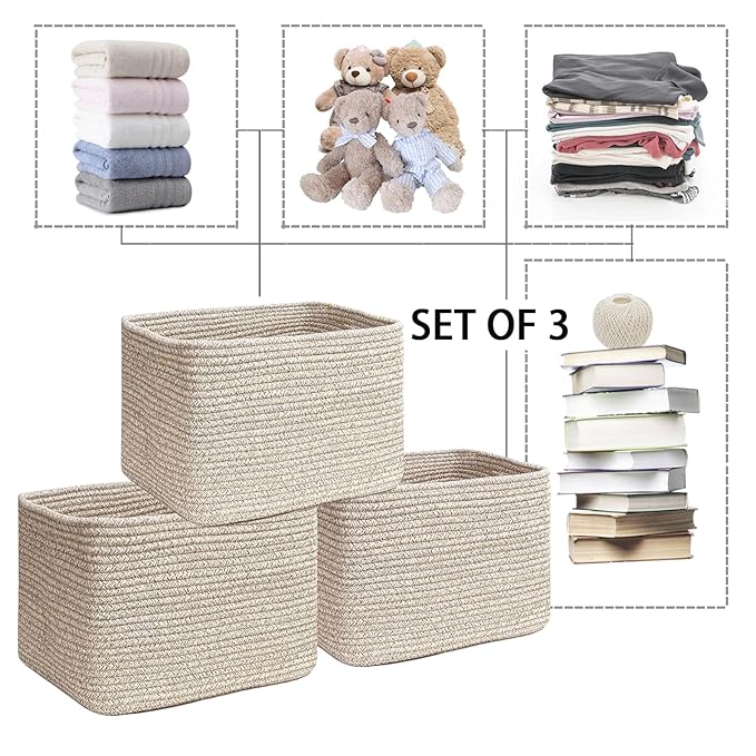 COMFY-HOMI 3Pack Small Woven Cotton Rope Basket for Organizing, Gift Baskets for Handles, Empty Gift Baskets, Medium Rope Basket|13.5" x 11" x 9.5" home decor for Living Room, Bathroom