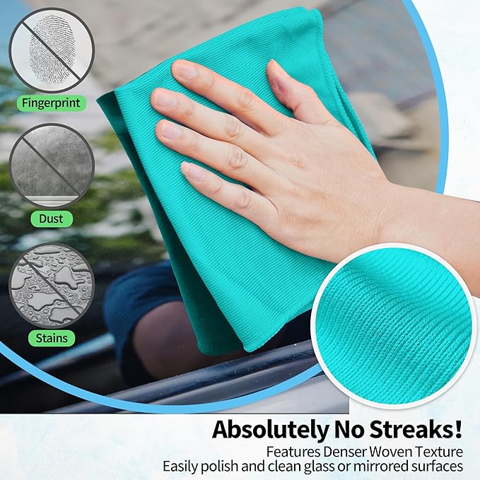 HOMERHYME Microfiber Cleaning Cloth - 10 Pack Glasses Cleaning Cloth, 16" x 14" Window Cleaning Rags, Streak Free Lint Free Polishing Cloths Wipes for Eye Glass, Stainless Steel, Windshield, Turquoise