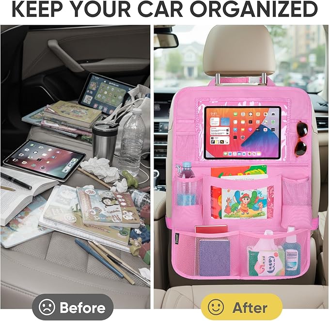 BALEINE Backseat Car Organizer, Back Seat Car Organizers and Storage, Kick Mats Back Seat Protector, Travel Accessories for Most Automotive (2 Pack, Pink)