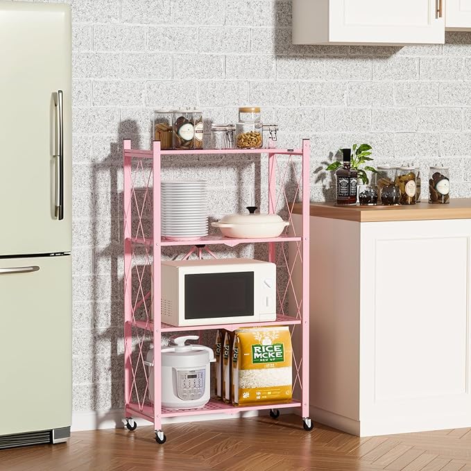 ALANNG Heavy Duty 4-Tier Folding Shelf with Wheels, No Tools Assembly Metal Storage Rack Cart, 264LBS Capacity for Kitchen, Pantry, Laundry Room, Garage, (Pink, 1PACK)