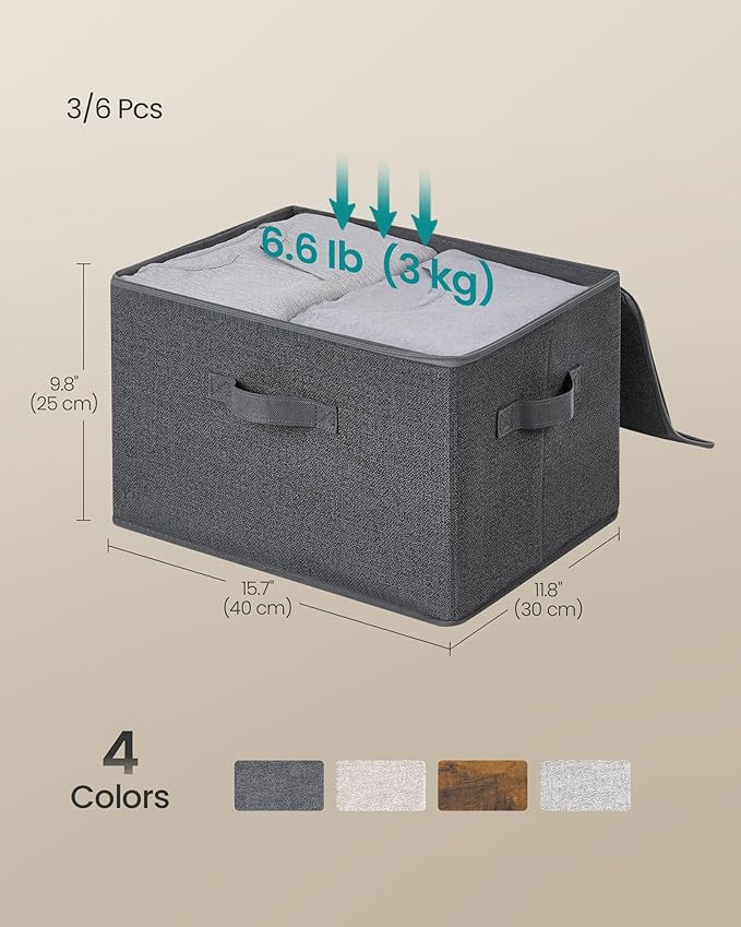 SONGMICS Foldable Storage Organizer Boxes, Set of 6 Storage Basket Bins with Lids, Handles, Clothes Organizer, 15.7 x 11.8 x 9.8 Inches, Non-Woven Fabric, Slate Gray URZB003G02