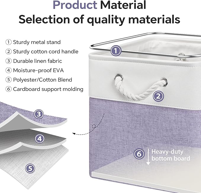 13x13 Inch Cube Storage Bins with Reinforced Bottom Cardboard, 6 Pack Large Foldable Fabric Storage Cubes with Handles for Shelf, Closet, Laundry Organization (White&Purple)