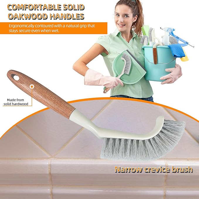 5-Pack Heavy Duty Scrub Brushes Set with Wooden Handles, Multi-Surface Scrubber for Kitchen, Bathroom, Tile & Grout, Includes Spherical, Triangle, Square & Dish Brush for Stubborn Stains