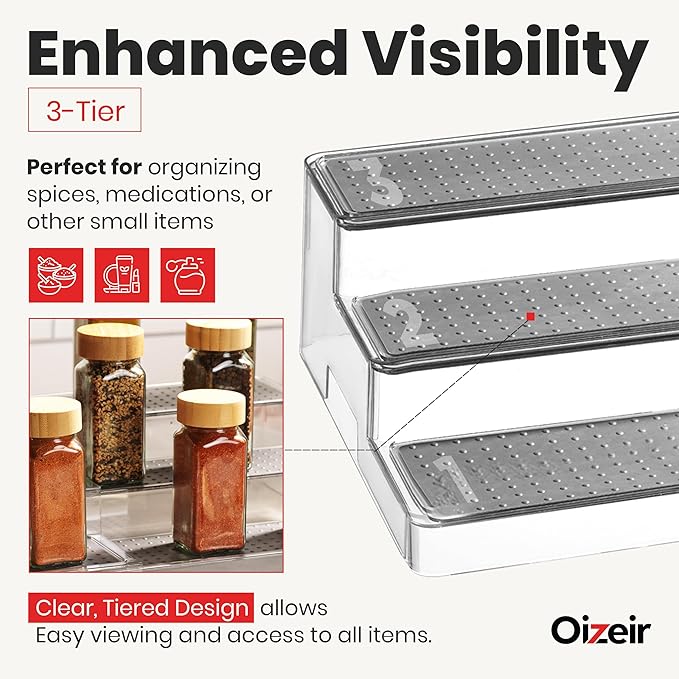 Oizeir Expandable Spice Organizer Rack (2-PACK) - 3-Tier - Clear Adjustable Tiered Shelf Spices Organization for Kitchen Cabinet and Pantry Storage