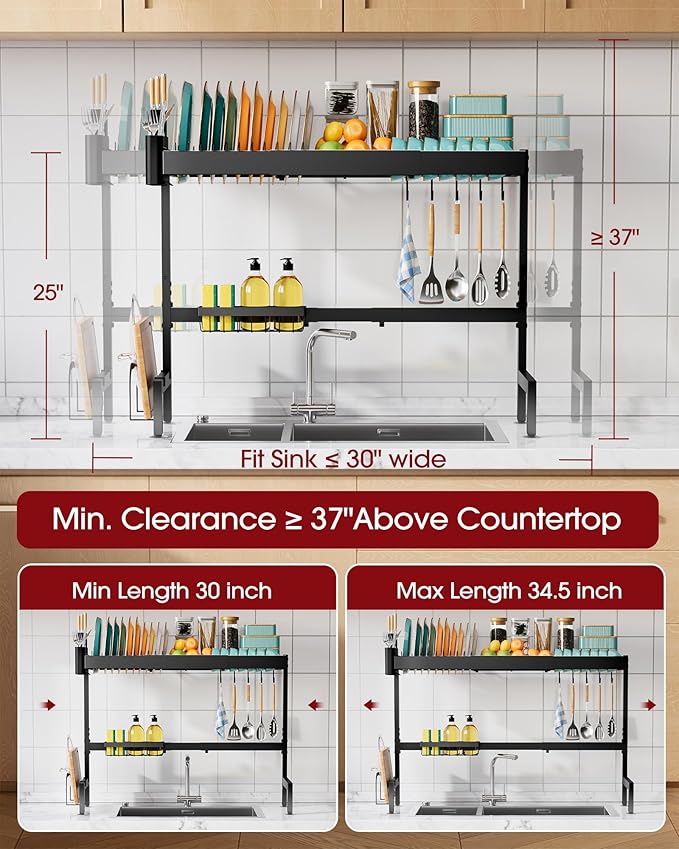 Over The Sink Dish Drying Rack, Expandable 2-Tier Stainless Steel Kitchen Storage Organization Accessories for Countertop, Rustproof & Space-Saving, 30"–34.5" L x 12" W x 25" H, Black