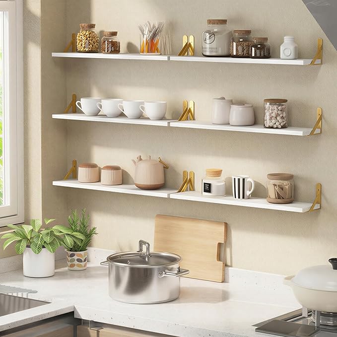 YGEOMER 23.6 Inch Floating Shelves for Wall, Farmhouse Wall Shelves for Bedroom, Bathroom Storage, Living Room and Kitchen Decor (Set of 6 White)