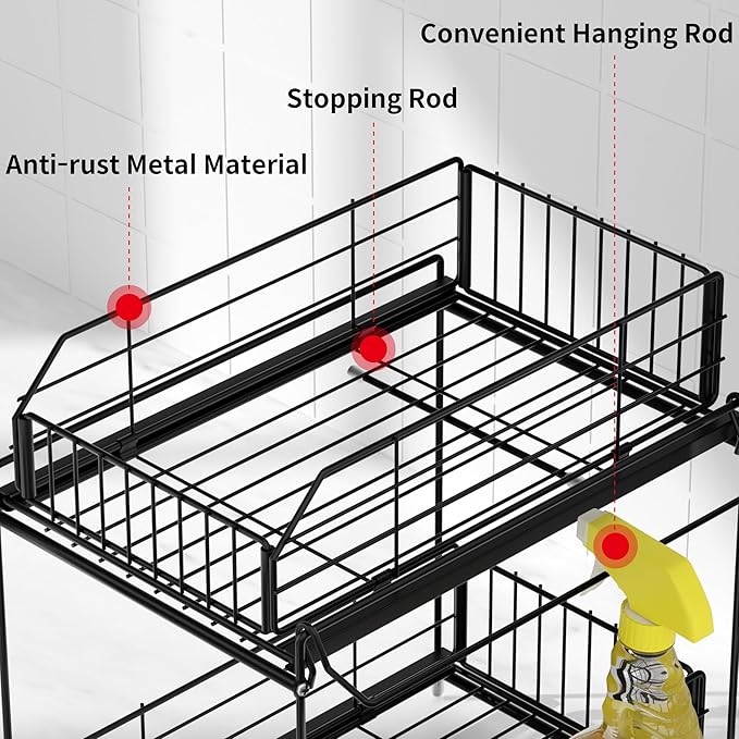 SUEH DESIGN Under Sink Organizer, 2 Tier Bathroom Cabinet Organizer Metal Kitchen Sink Organzier with Hanging Rail for Kitchen Bathroom Organization and Storage, 1 Pack