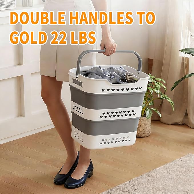 42L Medium Collapsible Plastic Laundry Basket with Handles, Foldable Laundry Basket Hamper, Pop Up Storage Container Organizer for Washing Storage (Gery, 17 Inch * 13 Inch * 15 Inch)
