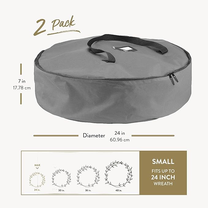 ZOBER 2 Pack Oxford Christmas Wreath Storage Container 24 Inch - Wreath Bag for Artificial Wreaths Box - Waterproof Fabric, Dual Zippered Wreaths Storage Bag With Strong Durable Handles - Gray