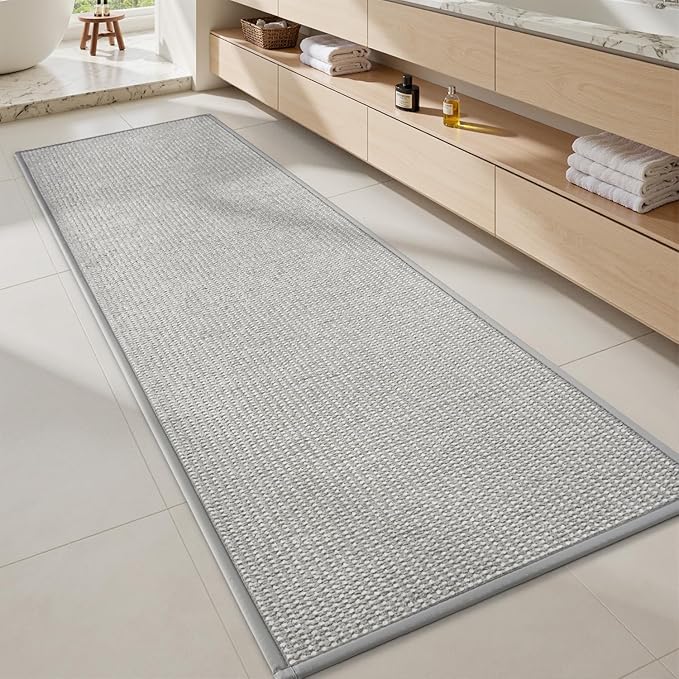 MontVoo Bathroom Runner Rugs,Chenille Absorbent Bath Mat Runner Quick Dry Rubber Backed Bath Runners Non Slip Washable Long Bathroom Rugs,Ultra Thin Bath Rugs Fit Under Door,17"x59",Grey