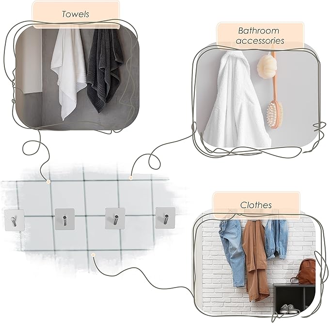 Brushed Nickel Self Adhesive Towel Hooks for Bathroom Wall Door Mounted - SUS304 Stainless Steel Strong Strips Stick on 3M Wall Hooks for Hanging Coat, Hat, Bag, Key, Jacket – 4 Pack