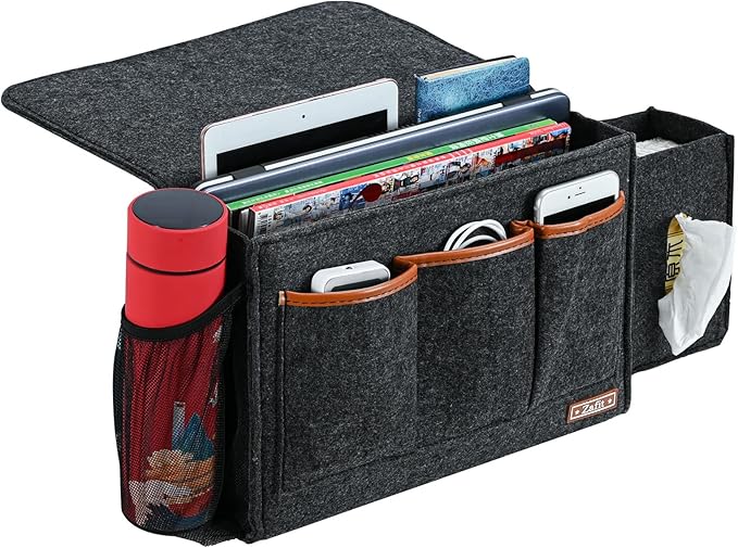 Zafit Bedside Caddy, Large Size Storage Organizer - Bedside Organizer for Magazine, Remotes, Phone (13.4'' x 18.1'' Tissue Box Holder, Dark Grey)