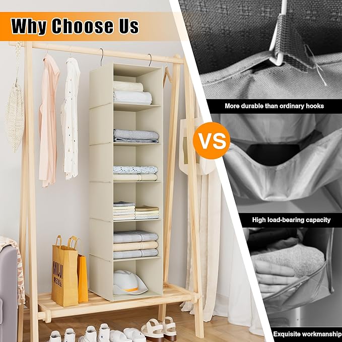 Hanging Closet Organizer, Easy Mount Foldable 6-Shelf Hanging Closet Wardrobe Storage Shelves, Clothes Handbag Shoes Accessories Storage, Washable Oxford Cloth Fabric, Beige