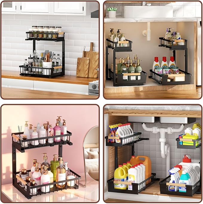 GUUKAR Under Sink Organizer 2-Pack Pull out Cabinet Organizer 2 Tier Metal Shelf Undersink Rack for Kitchen Bathroom Pantry Cabinet Organization and Storage, Black