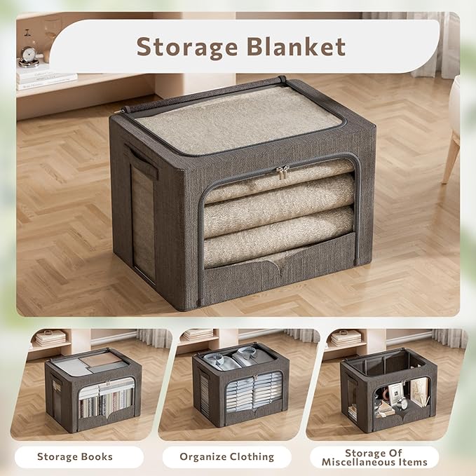 FHSQX 3 Pack Clothes Storage Bins Foldable Metal Frame Storage Box Stackable Linen Fabric Organizer Set with Carrying Handles and Clear Window (Dark Gray, 15.7x11.8x11.8inch(36L))