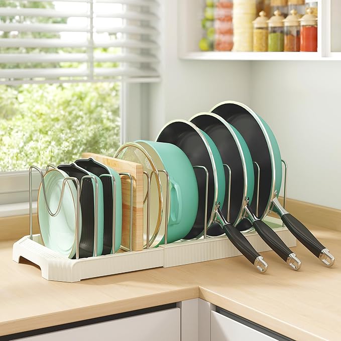 Pots and Pans Organizer for under Cabinet, Pan Pot Organizers inside Cabinet, Expandable Organizer with 10 Adjustable Dividers for Cookie Sheets, Cutting Boards, Pot Lids, Cookware - Frying Pan Rack