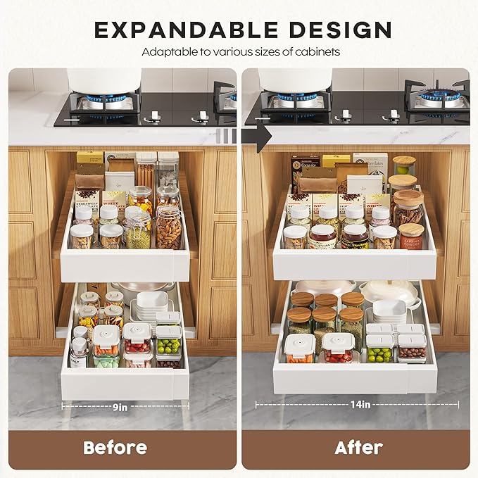 4 Pack Pull Out Cabinet Organizers 21" Deep With Raising Pad for Framed Cabinets, Expandable Width (9"-14") Slide Out Drawers Upgrade 3 Slide Rails, Roll Out Shelves Adhesive, White