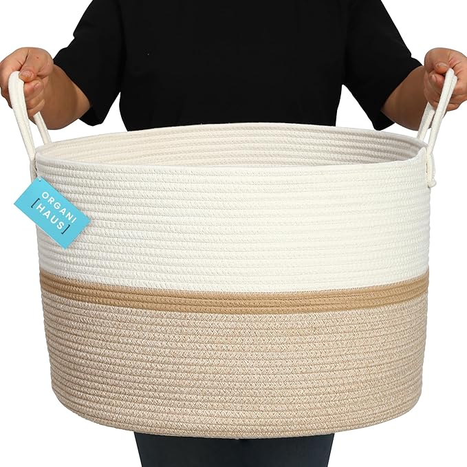 OrganiHaus Large Woven Storage Basket for Blankets and Toys 20" x 13" Inch, Rope Laundry Basket with Handles, Cushions & Pillows Storage Bin, Nursery Hamper, Soft Round Dog Toy Bin - Honey Stripe