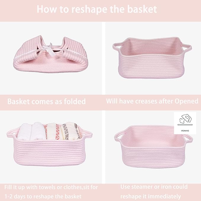 Woven Cotton Rope Storage Basket with Handles for Organizing Shelves Closet Small Cat Dog Pet Toy Baskets Box Bin Decorative Rectangle Baby Nursery basket Gift Basket Empty Light pink