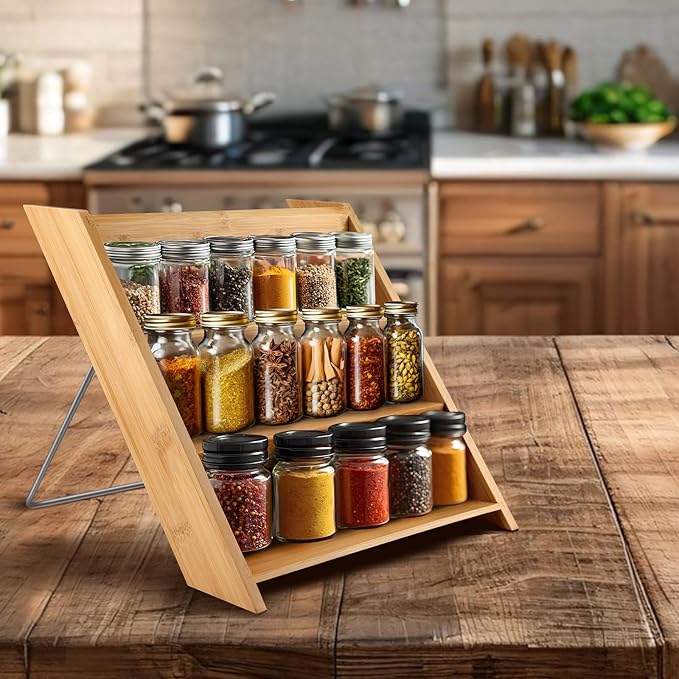 Bamboo Spice Rack Organizer for 18 Jars, 3-Tier Compact Wooden Spice Holder for Kitchen Countertop or Cabinet Drawer, Fits Standard 4oz Glass Jars, Sustainable Kitchen Storage (Rack Only)