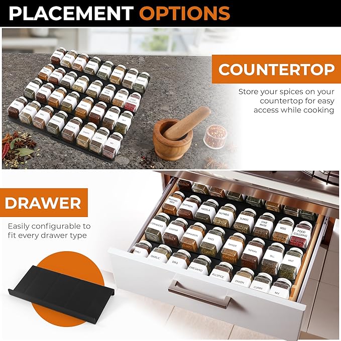 ALCOVA Spice Drawer Organizer, 4 Tier Expandable Spice Rack for Drawer from 9" to 18", Spice Organizer for Drawers and Countertop 8 Pcs Pack (Jars not included)