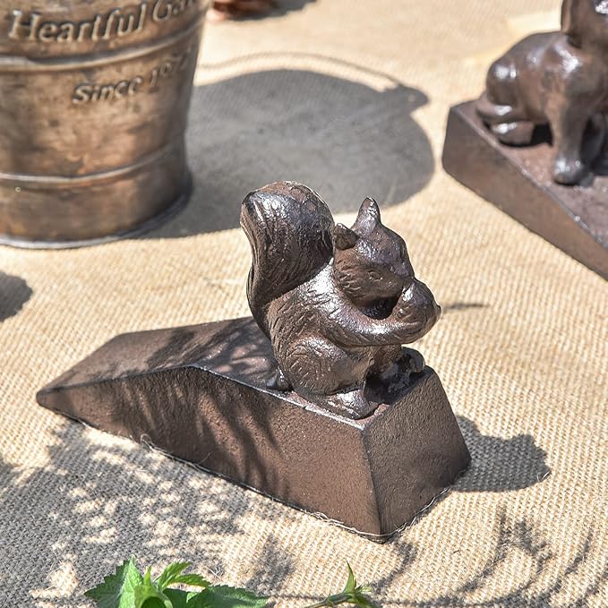 Sungmor Heavy Duty Cast Iron Squirrel Door Stops | Decorative Cute Animal Statue Metal Door Stopper Wedge with Non-Slip Mat | Solid & Antique Style Windproof Door Holder for Patio Garden Farmhouse