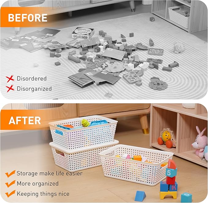Plastic Storage Baskets With Lid, Storage Bins for Organizing, Stackable Decorative Containers for Shelves Drawers Desktop Closet Playroom Classroom Office, 8 Pack-White