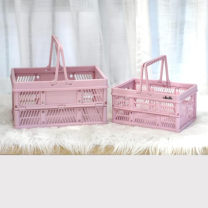 crates for storage,plastic baskets for organizing,collapsible shopping basket,foldable crate with Handles,collapsible storage crate,car basket,for Kitchen,Bathroom,Medicine.small,Pink