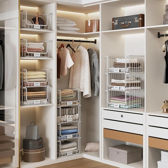 3-Tier Stackable Closet Organizers and Storage, Clothes Shelf Organizer, Foldable Wire Basket Bins, Sweater Storage for Closet and Pantry,11.8" D x 15.7" W, White