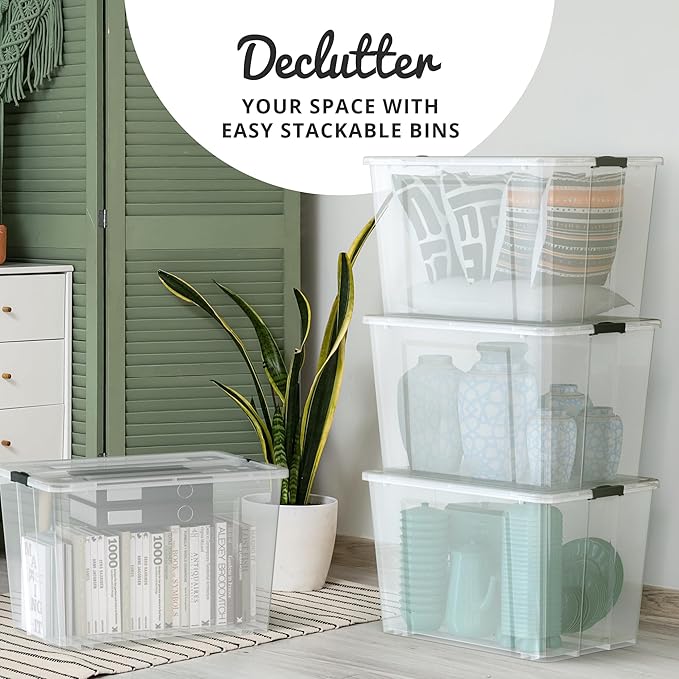Lifetime Appliance Parts 4 PACK 97 Qt. Plastic Storage Bin Tote Organizing Container with Ultra Durable Lid & Secure Latching Buckles Stackable Extra Strength Clear w/Black Handle