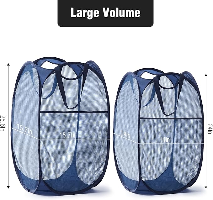 TECHMILLY Upgraded 105L Collapsible Mesh Pop Up Laundry Hamper with Sturdy Handles and Side Pocket - Portable Foldable Clothes Baskets for Dorm, Bathroom & Travel Storage (Blue Plus, 2 Packs)